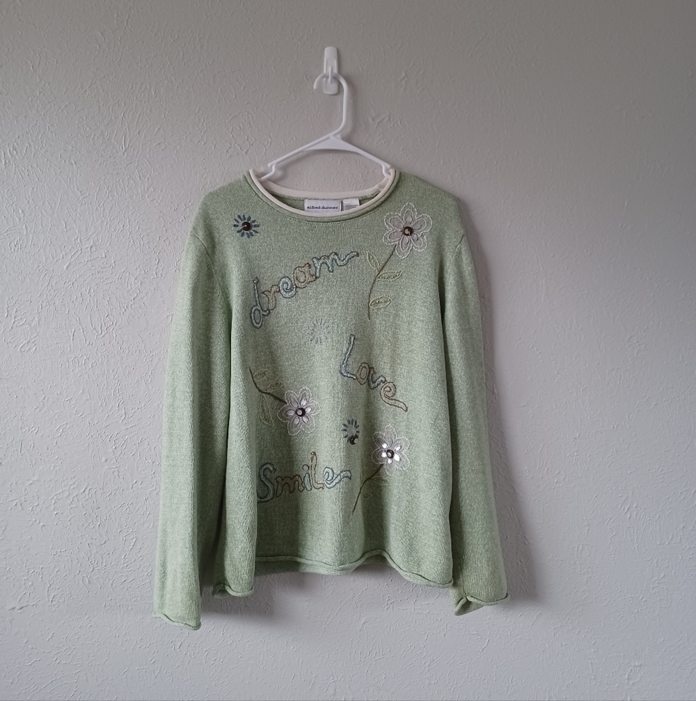 Alfred Dunner Green Embroidered Long Sleeve Sweater "Dream Love Smile"